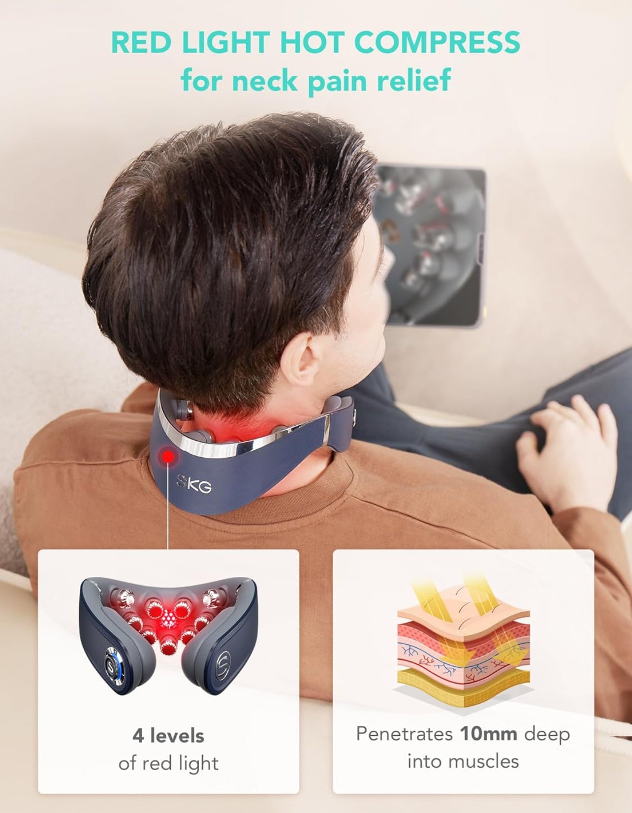 SKG Foldable Neck Massager with Heat, Cordless Deep Tissue Vibration Massager